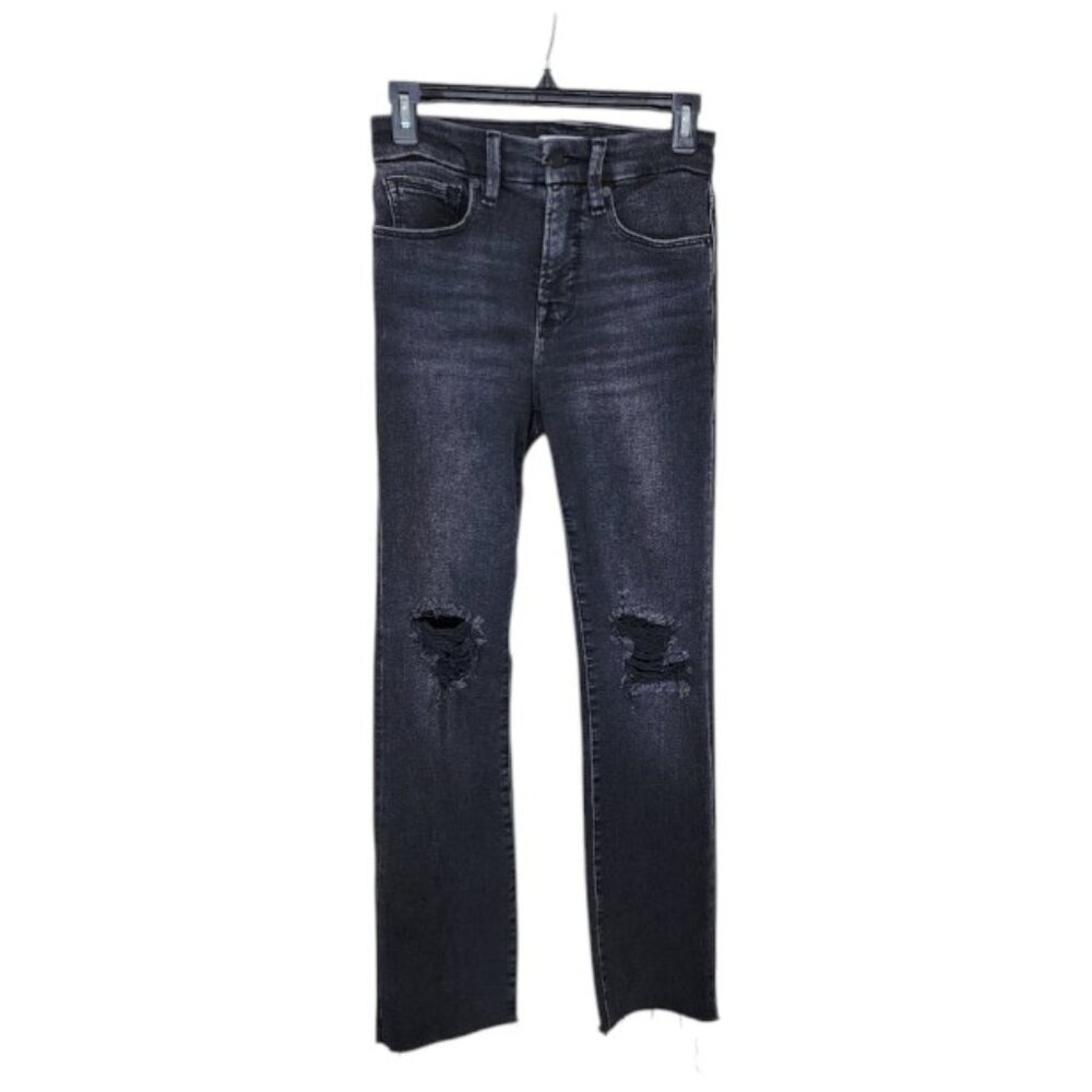 Good American Women's Black Distress Good Legs Denim Straight Jeans Size 26